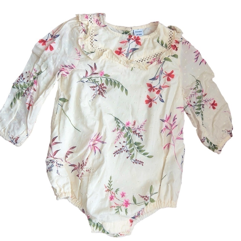 Old Navy Baby Toddler Girl Cream Ruffle Trim Swiss Dot
Floral Bubble Romper